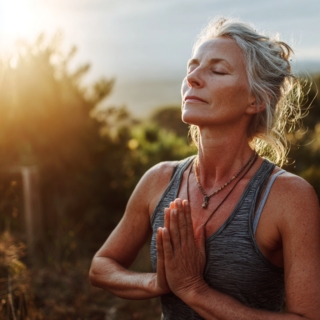 Middle-aged woman practicing peaceful yoga pose in nature setting