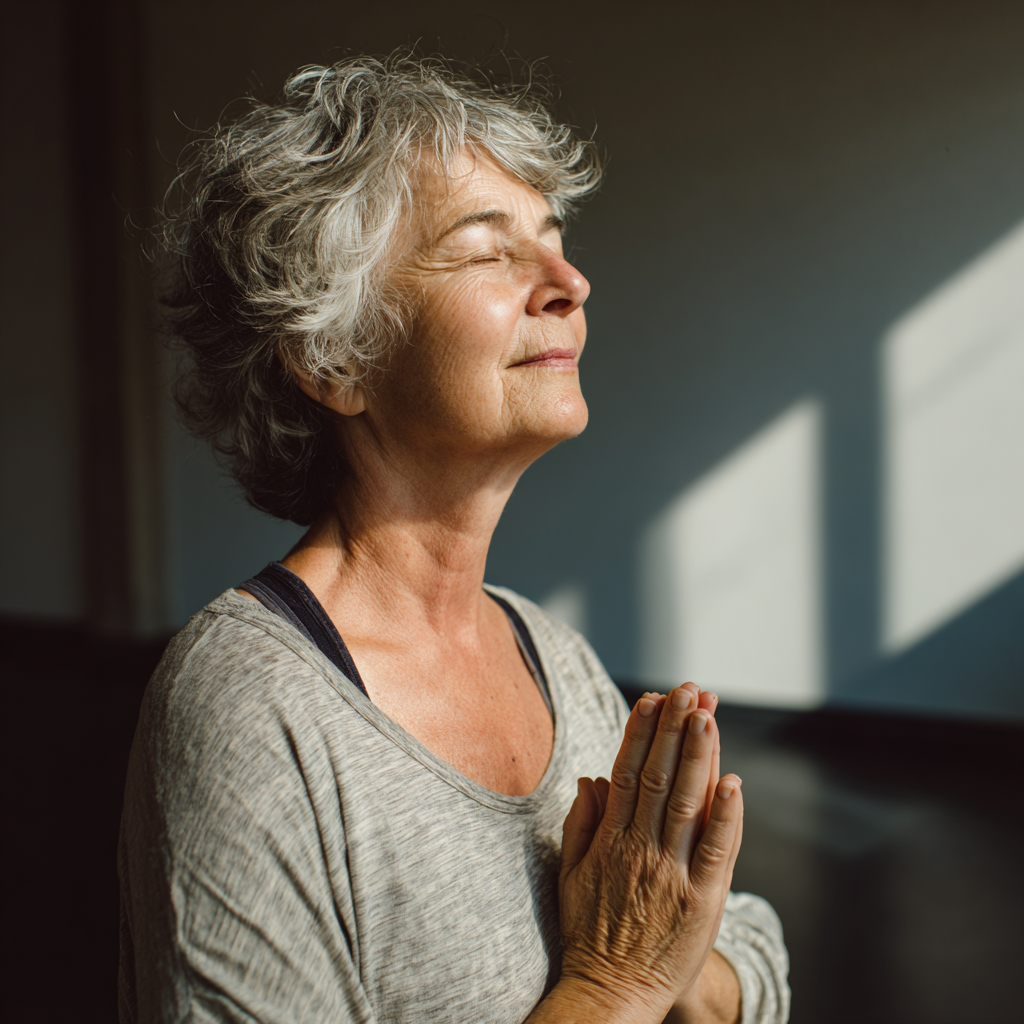Senior adult practicing gentle yoga movements in peaceful studio environment